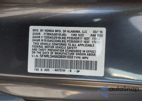 2016 Honda Odyssey Ex-L from USA, damaged, VIN 5FNRL5H66GB091033